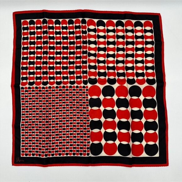 Vintage Vera Neumann Scarf Red Black White Geometric Circles 1960s Rolled Edge - Picture 2 of 8